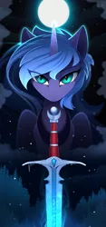 Size: 1125x2410 | Tagged: safe, artist:yakovlev-vad, derpibooru import, princess luna, alicorn, pony, art pack:equestrian royalty, female, frown, glare, ice, lidded eyes, looking at you, mare, moon, night, nightmare luna, s1 luna, sitting, sky, slit eyes, snow, solo, stars, sword, warrior luna, weapon