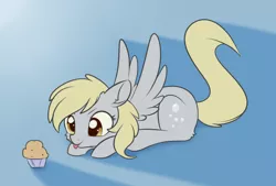 Size: 1254x846 | Tagged: safe, artist:dusthiel, derpibooru import, derpy hooves, pegasus, pony, :p, behaving like a cat, cute, derpabetes, female, food, image, imminent pounce, mare, muffin, png, prone, silly, silly pony, solo, tongue out