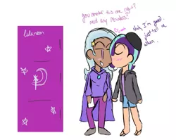 Size: 649x517 | Tagged: safe, artist:ask-raripinkiedash, derpibooru import, starlight glimmer, trixie, human, blackwashing, blushing, dark skin, female, human coloration, humanized, image, kiss on the cheek, kissing, lesbian, png, shipping, startrix