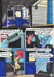 Size: 2089x2978 | Tagged: artist:newyorkx3, comic, comic:young days, derpibooru import, dialogue, food, human, manehattan, metro, oc, oc:tommy, princess luna, s1 luna, safe, subway, traditional art