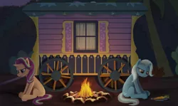 Size: 1293x770 | Tagged: safe, artist:vladimir-olegovych, derpibooru import, starlight glimmer, trixie, pony, unicorn, road to friendship, back to back, campfire, carrot, female, fire, food, frown, mare, night, trixie's wagon