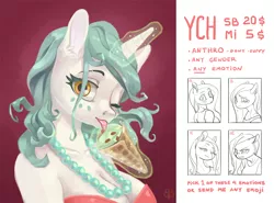 Size: 1200x886 | Tagged: safe, artist:brazhnik, derpibooru import, oc, anthro, unicorn, advertisement, bra, breasts, bust, clothes, commission, commission info, emotions, food, full color, glowing horn, horn, ice cream, looking at you, magic, one eye closed, portrait, solo, telekinesis, underwear, wink, ych example, your character here