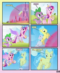 Size: 900x1080 | Tagged: safe, artist:lister-of-smeg, derpibooru import, princess cadance, spike, oc, oc:pulp puree, earth pony, pony, comic:crystal heart attack, bag, magic, male, saddle bag, stallion