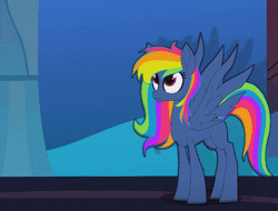 Size: 438x333 | Tagged: safe, artist:galacticflashd, derpibooru import, rainbow dash, pegasus, pony, secrets and pies, adorapiehater, alternate hairstyle, animated, cute, evil pie hater dash, gif, looking up, solo, wings flapping