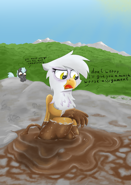 Size: 3187x4502 | Tagged: safe, derpibooru import, edit, gilda, thunderlane, gryphon, pegasus, pony, belly button, comic, cute, cyrillic, dry mud, female, gildadorable, gildalane, male, mud, mud bath, mud volcano, muddy, russian, shipping, stallion, straight, this will end covered in mud