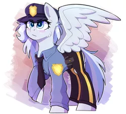 Size: 2000x1820 | Tagged: safe, artist:dino_horse, deleted from derpibooru, derpibooru import, oc, oc:falling skies, unofficial characters only, pegasus, pony, blushing, clothes, commission, female, hat, holster, mare, necktie, pants, police, police hat, police uniform, shirt, solo, spread wings, uniform, wings