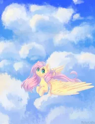 Size: 1150x1500 | Tagged: safe, artist:melloncollie-chan, derpibooru import, fluttershy, pegasus, pony, cloud, female, flying, looking at you, looking sideways, mare, sky, smiling, solo, spread wings, three quarter view, wings