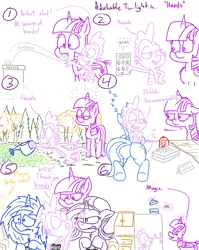 Size: 1280x1611 | Tagged: safe, artist:adorkabletwilightandfriends, derpibooru import, minuette, spike, starlight glimmer, twilight sparkle, twilight sparkle (alicorn), vinyl scratch, alicorn, dragon, pony, unicorn, comic:adorkable twilight and friends, adorkable, adorkable twilight, butt, comic, controller, cookie, cookie jar, cute, dork, elevator, finger, food, garbage bin, garden, grumpy, grumpy twilight, hand, humor, jealous, kitchen, lineart, lip bite, lying down, magic, massage, plot, refrigerator, sitting, slice of life, telekinesis, trash, video game, watering can, winning