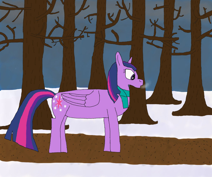 Size: 1200x1000 | Tagged: safe, artist:darksha457, derpibooru import, twilight sparkle, twilight sparkle (alicorn), alicorn, pony, breath, clothes, forest, ms paint, path, scarf, simple background, snow, solo, tree, winter