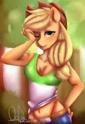 Size: 1600x2333 | Tagged: safe, artist:paintcoloryt, derpibooru import, applejack, anthro, earth pony, belly button, belt, blushing, breasts, clothes, deviantart watermark, female, hand on hip, hat, looking at you, midriff, obtrusive watermark, one eye closed, pants, shirt, signature, smiling, solo, sweat, tree, watermark