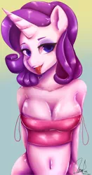Size: 1600x3054 | Tagged: suggestive, artist:paintcoloryt, derpibooru import, rarity, anthro, unicorn, bedroom eyes, belly button, breasts, clothes, deviantart watermark, female, gradient background, looking at you, obtrusive watermark, signature, solo, solo female, tongue out, watermark