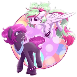 Size: 1600x1599 | Tagged: safe, artist:paintcoloryt, derpibooru import, oc, oc:ivory night, unnamed oc, unofficial characters only, earth pony, pegasus, pony, cigarette, cute, female, looking at each other, mare, signature, simple background, smoking, transparent background, wristband