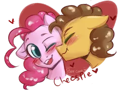 Size: 1280x960 | Tagged: safe, artist:paintcoloryt, derpibooru import, cheese sandwich, pinkie pie, pony, blushing, cheesepie, eyes closed, female, kiss on the cheek, kissing, male, mare, one eye closed, open mouth, shipping, signature, simple background, stallion, straight, transparent background