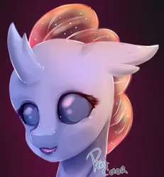 Size: 1024x1107 | Tagged: artist:paintcoloryt, bust, changedling, changeling, cute, derpibooru import, diaocelles, female, gradient background, looking at you, ocellus, open mouth, portrait, safe, signature, smiling, solo