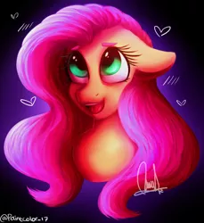 Size: 1024x1119 | Tagged: safe, artist:paintcoloryt, derpibooru import, fluttershy, pegasus, pony, bust, cute, female, floppy ears, gradient background, heart, looking up, mare, open mouth, portrait, shyabetes, signature, solo