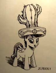 Size: 923x1200 | Tagged: safe, artist:sa1ntmax, derpibooru import, scootaloo, pegasus, pony, cactus, cactus hat, female, filly, hat, inktober, inktober 2018, monochrome, solo