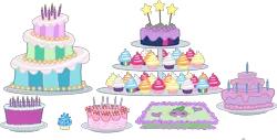 Size: 2945x1500 | Tagged: apple bloom, applejack, artist:phucknuckl, birthday cake, cake, candle, cupcake, cutie mark crusaders, derpibooru import, fluttershy, food, mane seven, mane six, no pony, pinkie pie, princess celestia, rainbow dash, rarity, safe, sapphire, sapphire cupcake, scootaloo, simple background, spike, sweetie belle, transparent background, twilight sparkle, vector