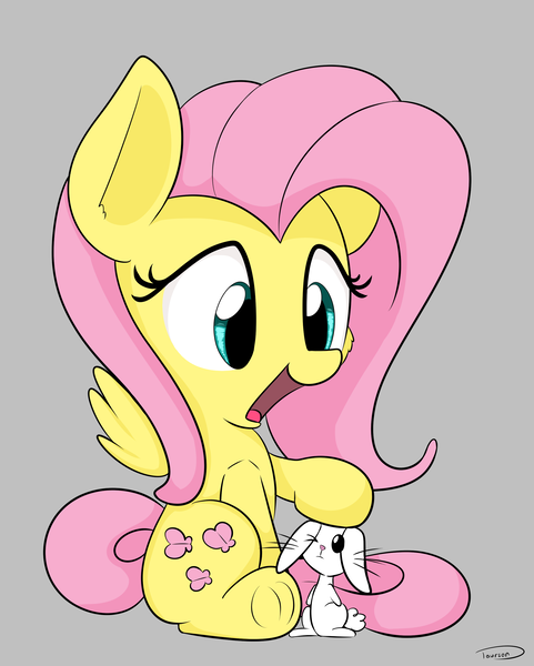 Size: 2362x2947 | Tagged: safe, artist:taurson, derpibooru import, angel bunny, fluttershy, pegasus, pony, chibi, cute, duo, female, gray background, mare, open mouth, petting, shyabetes, simple background, sitting, smiling, wings