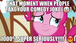 Size: 1280x720 | Tagged: episode needed, safe, derpibooru import, edit, edited screencap, editor:useraccount, screencap, pinkie pie, earth pony, pony, angry, annoyed, caption, clown, comedy, emoji, excessive exclamation marks, female, image macro, mare, meme, solo, text