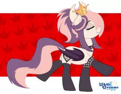 Size: 3071x2379 | Tagged: safe, artist:xwhitedreamsx, derpibooru import, oc, oc:sweet velvet, unofficial characters only, bat pony, pony, abstract background, bat pony oc, bat wings, bowsette, bracelet, choker, clothes, crown, cute, cute little fangs, eyelashes, eyes closed, fangs, female, folded wings, horns, jewelry, mare, necklace, new super mario bros. u deluxe, nintendo, power-up, regalia, smiling, socks, solo, spiked choker, spiked wristband, super crown, super mario bros., watermark, wings, wristband