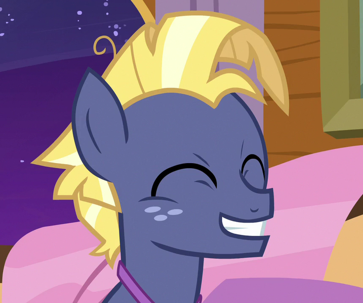 Size: 859x719 | Tagged: safe, derpibooru import, screencap, star tracker, earth pony, pony, once upon a zeppelin, cropped, cute, eyes closed, freckles, smiling, solo, trackerbetes