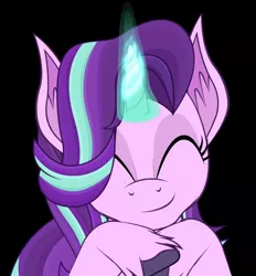 Size: 502x540 | Tagged: safe, artist:yudhaikeledai, derpibooru import, starlight glimmer, pony, unicorn, black background, cute, eyes closed, female, glimmerbetes, glowing horn, horn, mare, simple background, smiling, solo