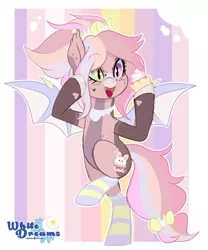 Size: 1859x2235 | Tagged: safe, artist:xwhitedreamsx, derpibooru import, oc, oc:charity cakes, unofficial characters only, bat pony, pony, rabbit, abstract background, animal, balancing, bat pony oc, bat wings, bipedal, bow, clothes, color outline, cupcake, cute, cute little fangs, ear tufts, fangs, female, food, freckles, hair bow, heart, heterochromia, hoof hold, hoof polish, jewelry, kidcore, mare, necklace, on one hoof, ponytail, rainbow, raised eyebrows, signature, socks, solo, standing, standing on one leg, striped socks, tail bow, watermark, wings