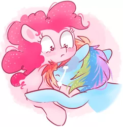 Size: 610x630 | Tagged: safe, artist:pinkablue, derpibooru import, pinkie pie, rainbow dash, earth pony, pegasus, pony, abstract background, blushing, crying, female, lesbian, lightly watermarked, mare, pinkiedash, shipping, signature, teary eyes, watermark