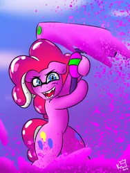 Size: 1200x1600 | Tagged: safe, artist:kingkrail, derpibooru import, pinkie pie, inkling, pony, evil grin, grin, inkling pinkie, pink, roller pinkie, smiling, smirk, solo, splatoon, splatoon 2