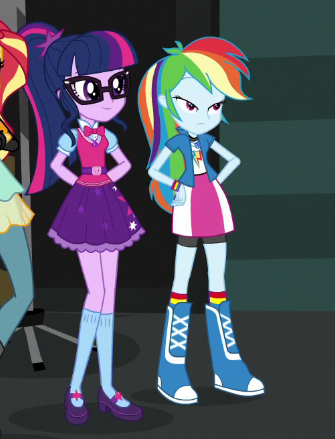 Size: 335x439 | Tagged: safe, derpibooru import, screencap, rainbow dash, sci-twi, sunset shimmer, twilight sparkle, equestria girls, movie magic, spoiler:eqg specials, arm behind back, boots, clothes, compression shorts, cropped, duo focus, female, geode of super speed, geode of telekinesis, glasses, magical geodes, mary janes, ponytail, shoes, shorts, skirt, smiling