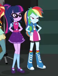 Size: 335x439 | Tagged: safe, derpibooru import, screencap, rainbow dash, sci-twi, sunset shimmer, twilight sparkle, equestria girls, movie magic, spoiler:eqg specials, arm behind back, boots, clothes, compression shorts, cropped, duo focus, female, geode of super speed, geode of telekinesis, glasses, magical geodes, mary janes, ponytail, shoes, shorts, skirt, smiling