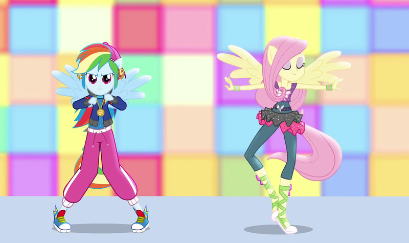 Size: 1786x1060 | Tagged: safe, derpibooru import, edit, edited screencap, screencap, fluttershy, rainbow dash, dance magic, equestria girls, spoiler:eqg specials, clothes, converse, dancing, duo, female, ponied up, rapper dash, shoes, sneakers