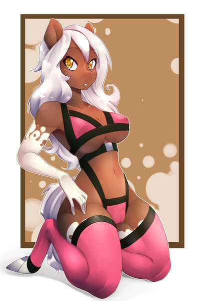 Size: 2655x3922 | Tagged: questionable, artist:suelix, derpibooru import, oc, oc:sundae, unofficial characters only, anthro, earth pony, unguligrade anthro, anthro oc, armpits, breasts, cameltoe, clothes, female, panties, solo, solo female, underwear, white hair