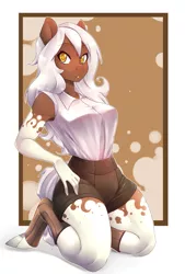 Size: 2655x3922 | Tagged: safe, artist:suelix, derpibooru import, oc, oc:sundae, unofficial characters only, anthro, earth pony, unguligrade anthro, anthro oc, armpits, clothes, solo, white hair