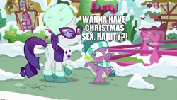 Size: 1920x1080 | Tagged: suggestive, derpibooru import, edit, edited screencap, editor:useraccount, screencap, rarity, spike, dragon, pony, unicorn, best gift ever, blushing, boots, caption, christmas, christmas lights, clothes, female, hat, holiday, image macro, impact font, implied sex, le lenny face, male, mare, meme, scarf, shipping, shoes, snow, sparity, straight, subtle as a train wreck, sunglasses, text, winter, winter outfit