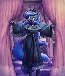 Size: 1376x1600 | Tagged: alicorn, anthro, arm hooves, artist:king-kakapo, clothes, cloven hooves, curtains, derpibooru import, dress, female, gloves, hoof hands, jewelry, long gloves, looking at you, mare, multiple variants, open mouth, princess luna, regalia, safe, socks, solo, spread wings, stockings, thigh highs, unguligrade anthro, unshorn fetlocks, wings