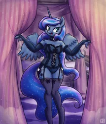 Size: 1376x1600 | Tagged: alicorn, anthro, arm hooves, armpits, artist:king-kakapo, breasts, busty princess luna, choker, clothes, cloven hooves, corset, curtains, derpibooru import, female, frilly underwear, garters, gloves, hoof hands, lingerie, long gloves, looking at you, mare, multiple variants, open mouth, panties, princess luna, ribbon, socks, solo, solo female, spread wings, stockings, suggestive, thigh highs, underwear, unguligrade anthro, unshorn fetlocks, wings