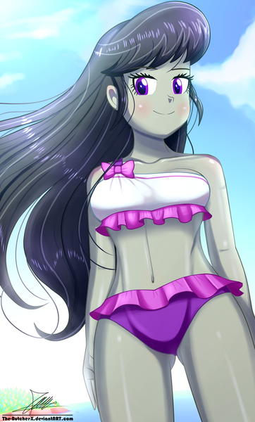 Size: 820x1360 | Tagged: safe, artist:the-butch-x, derpibooru import, octavia melody, equestria girls, equestria girls series, x marks the spot, adorasexy, attached skirt, belly button, bikini, bikini babe, blushing, bow swimsuit, clothes, commission, crepuscular rays, cute, female, frilled swimsuit, legs, midriff, purple swimsuit, sexy, skirt, smiling, solo, stupid sexy octavia, swimsuit, tavibetes, thighs, tricolor swimsuit, underass, white swimsuit