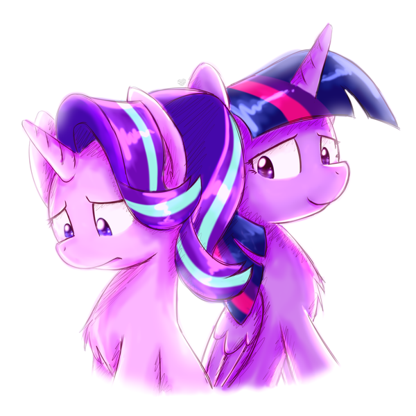 Size: 4000x4000 | Tagged: safe, artist:sugar morning, derpibooru import, starlight glimmer, twilight sparkle, twilight sparkle (alicorn), alicorn, pony, absurd resolution, canon, confused, doubt, simple background, sitting, unsure, white background