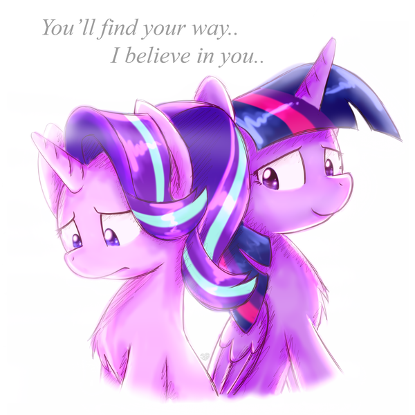 Size: 4000x4000 | Tagged: safe, artist:sugar morning, derpibooru import, starlight glimmer, twilight sparkle, twilight sparkle (alicorn), alicorn, pony, unicorn, absurd resolution, canon, confused, doubt, simple background, sitting, text, unsure, white background