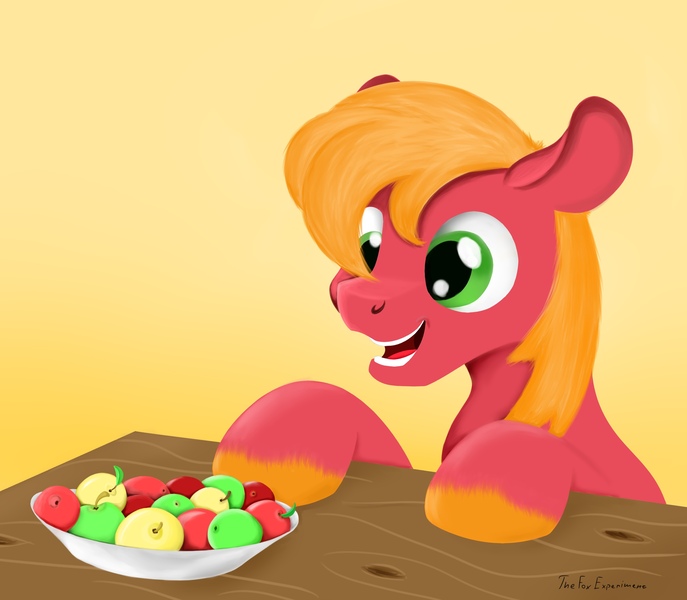 Size: 2474x2160 | Tagged: safe, artist:the-fox-experiment, derpibooru import, big macintosh, earth pony, pony, apple, food, happy, male, sitting, smiling, solo, stallion, table