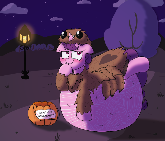 Size: 3052x2609 | Tagged: questionable, artist:comfyplum, derpibooru import, sugar belle, monster pony, original species, spider, spiderpony, unicorn, art pack:bumps in the night, belly, belly bed, big belly, blushing, cloud, female, floppy ears, heart, hoof on chin, huge belly, hyper, hyper belly, hyper pregnancy, impossibly large belly, lamppost, legs in air, nightmare night, pregnant, pumpkin bucket, smiling, solo, solo female, spider web, tree