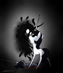 Size: 1280x1493 | Tagged: semi-grimdark, artist:crystal-heart-with-isaak-astor, artist:crystalcontemplator, derpibooru import, pony, unicorn, blood, blow knight style, colt, crossover, crying, dark, female, filly, hollow knight, male, murder, my little pony, nail, sad, shade, shadow, style emulation, weapon