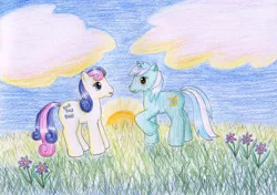 Size: 1024x720 | Tagged: safe, artist:normaleeinsane, derpibooru import, bon bon, lyra heartstrings, sweetie drops, earth pony, pony, unicorn, cloud, colored pencil drawing, duo, female, flower, g3, g4 to g3, generation leap, grass, mare, one hoof raised, open mouth, outdoors, sky, standing, sun, traditional art