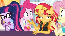 Size: 1341x755 | Tagged: safe, derpibooru import, edit, edited screencap, screencap, fluttershy, pinkie pie, sci-twi, sunset shimmer, twilight sparkle, anthro, unicorn, equestria girls, equestria girls series, rollercoaster of friendship, abomination, clothes, failure, geode of empathy, geode of sugar bombs, geode of telekinesis, glasses, magical geodes, pony head on human body, smoothie