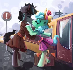 Size: 1600x1543 | Tagged: safe, artist:saxopi, derpibooru import, oc, oc:bikey, oc:pi, unofficial characters only, goo, goo pony, original species, pony, unicorn, clothes, coat, dress, exclamation point, eyes closed, female, hat, kissing, male, pikey, pleated skirt, skirt, stallion, straight, suitcase, train