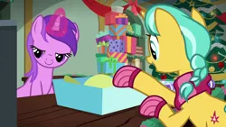 Size: 1280x720 | Tagged: safe, derpibooru import, screencap, amethyst star, citrine spark, fire quacker, pony, best gift ever, awwmethyst star, clothes, cute, female, friendship student, lidded eyes, magic, magic aura, mare, present, quackerdorable, scarf