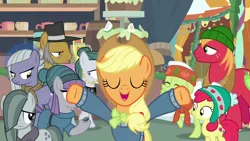 Size: 1280x720 | Tagged: safe, derpibooru import, screencap, apple bloom, applejack, big macintosh, cloudy quartz, granny smith, igneous rock pie, limestone pie, marble pie, maud pie, earth pony, pony, best gift ever, apple family, apple siblings, apple sisters, brother and sister, clothes, eyes closed, female, hat, male, mare, pie family, pie sisters, scarf, siblings, sisters, spread hooves, stallion