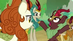 Size: 1920x1080 | Tagged: autumn blaze, charades, cinder glow, cloven hooves, communication, confused, derpibooru import, emotionless, fern flare, kirin, looking up, mute, queen, rain shine, safe, screencap, sounds of silence, summer flare