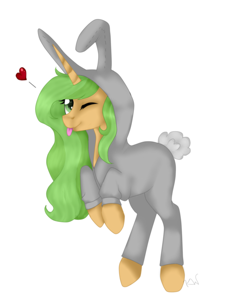 Size: 1024x1366 | Tagged: safe, artist:kimyowolf, derpibooru import, oc, oc:curiosa dream, pony, unicorn, animal costume, bunny costume, clothes, costume, female, mare, simple background, solo, tongue out, transparent background